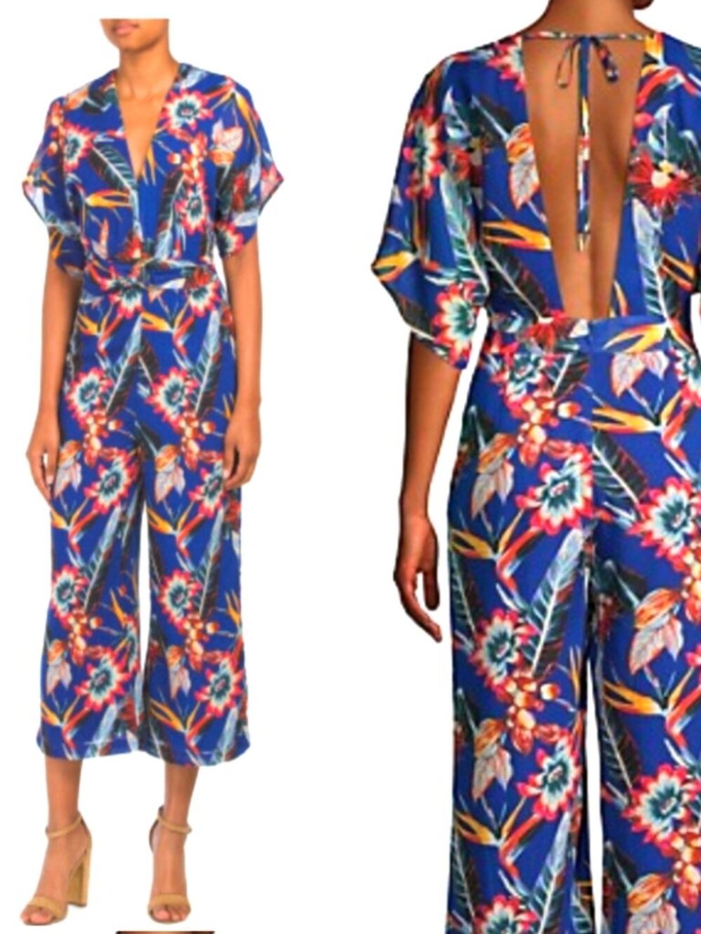 Red Carter Floral Open Back Belted V-Neck Jumpsuit Size XS New